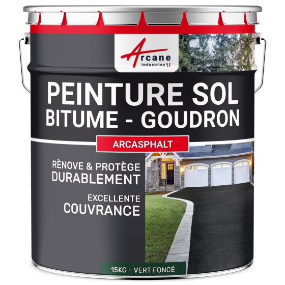 Peinture bitume - peinture goudron : Résine solpour asphalte, goudron, enrobé - ARCASPHALT vert foncé 15kg- Couleur / Aspect
