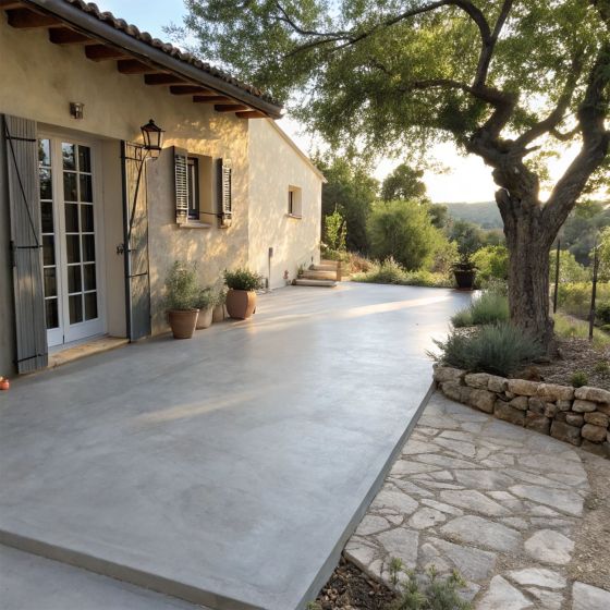 KIT BETON CIRE EXTERIEUR - Béton ciré extérieur pour sol, mur, terrasse, balcon, escalier - Mise en situation - Titane