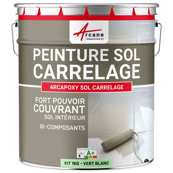 Peinture Sol Carrelage - Résine époxy pour sol carrelé-Kit1Kg-Ral-6019-Vert-Blanc-Aspect / Couleur
