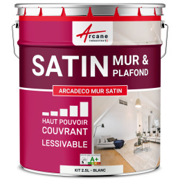 Peinture murale acrylique satin : ARCADÉCO MUR SATIN 2.5 L - Blanc