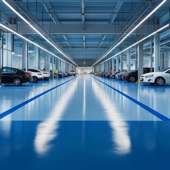 Résine sol garage - Peinture époxy sol : REVEPOXY GARAGE - Mise en situation - Bleu signalisation