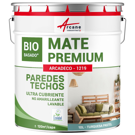 Pintura azul mate para paredes y techos: ARCADECO BIOSOURCE AZUL Turquesa Pastel - RAL 6034 - 10 L 120m²