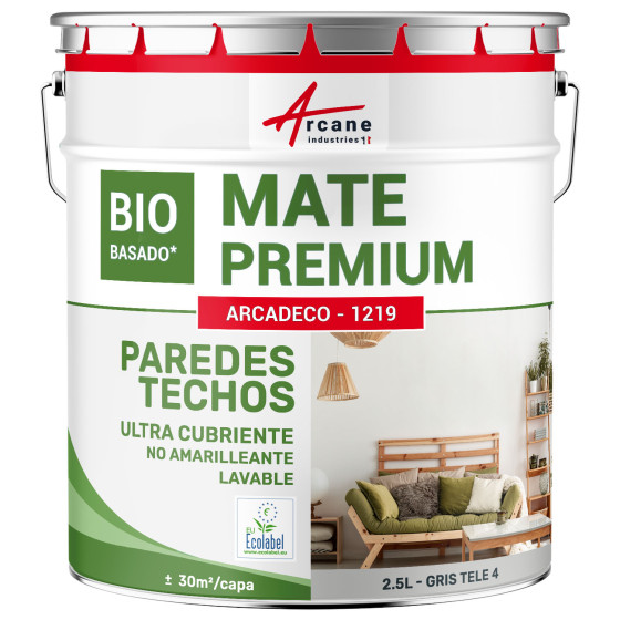 Pintura gris mate para paredes y techos: ARCADECO DE BASE BIOLÓGICA GRIS Gris tele 4 - RAL 7047 - 2.5 L 30m²