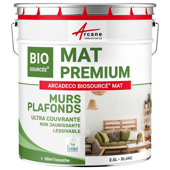Peinture mate mur et plafond : ARCADÉCO BIOSOURCÉ Blanc - 2.5 L (+ ou - 30m² par couche) Peinture mate mur et plafond : ARCADÉCO BIOSOURCÉ Blanc - 2.5 L (+ ou - 30m² par couche)