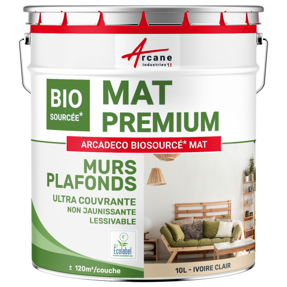 Peinture mate mur et plafond : ARCADÉCO BIOSOURCÉ Ivoire Clair - RAL 1015 - 10 L (+ ou - 120m² par couche)