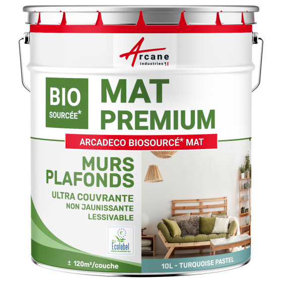 Peinture bleue mate mur et plafond : ARCADÉCO BIOSOURCÉ BLEU Turquoise Pastel - RAL 6034 - 10 L 120m² Peinture bleue mate mur et plafond : ARCADÉCO BIOSOURCÉ BLEU Turquoise Pastel - RAL 6034 - 10 L 120m²