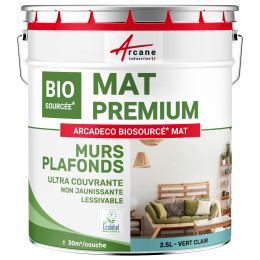 Peinture bleue mate mur et plafond : ARCADÉCO BIOSOURCÉ BLEU 2.5 L 30m²   - Vert clair - RAL 6027