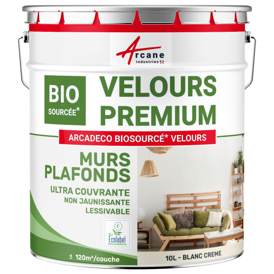 Peinture velours mur et plafond : ARCADÉCO BIOSOURCÉ Blanc Crème - RAL 9001 - 10 L (+ ou - 120m² par couche)
