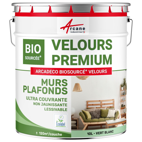 Peinture velours mur et plafond : ARCADÉCO BIOSOURCÉ Vert Blanc - RAL 6019 - 10 L (+ ou - 120m² par couche)