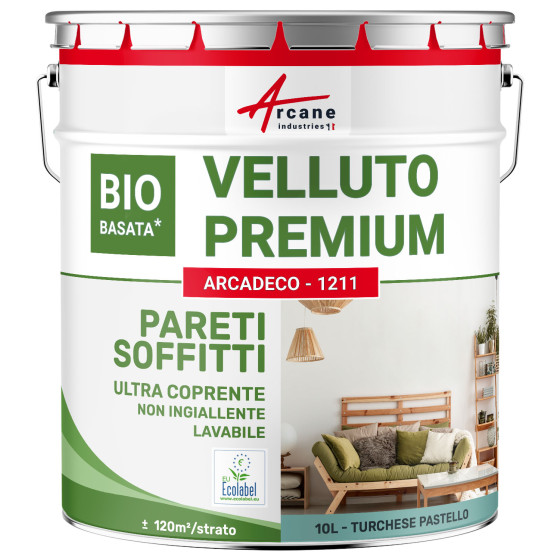 Pittura vellutata blu per muri e soffitti: ARCADECO BIOSOURCÉE Turchese Pastello - RAL 6034 - 10 L + o - 120m² per strato