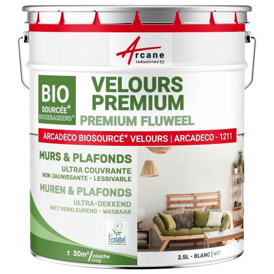 Veloursverf voor muren en plafonds: ARCADECO -1211 Wit - 2.5 L + ou - 30m² par couche