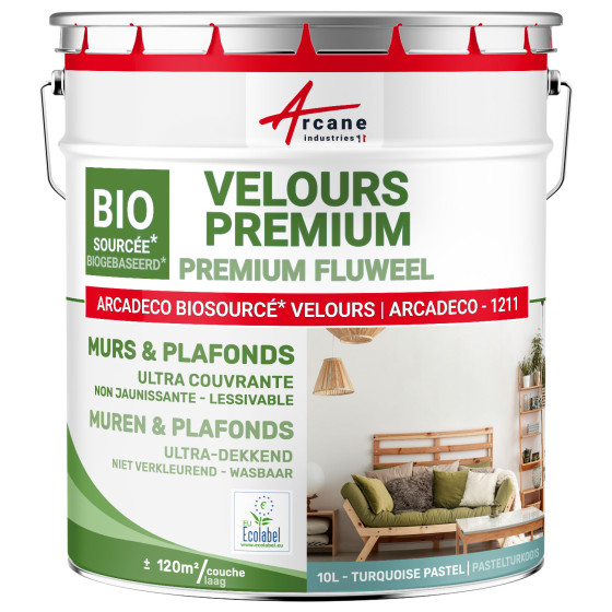 Veloursverf voor muren en plafonds: ARCADECO -1211 Pastelturkoois - RAL 6034 - 10 L + ou - 120m² par couche