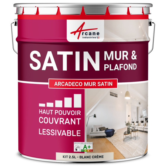 Peinture murale acrylique satin : ARCADÉCO MUR SATIN 2.5 L - Blanc Crème - RAL 9001