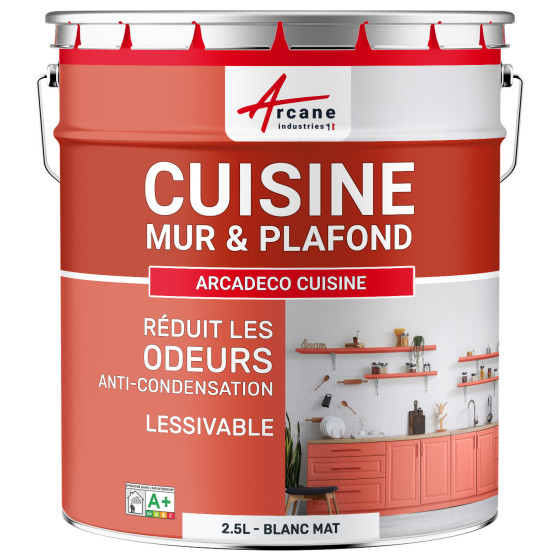 Peinture cuisine Blanc lavable. mur et plafond : ARCADÉCO CUISINE Blanc - 2.5 L Peinture cuisine Blanc lavable. mur et plafond : ARCADÉCO CUISINE Blanc - 2.5 L