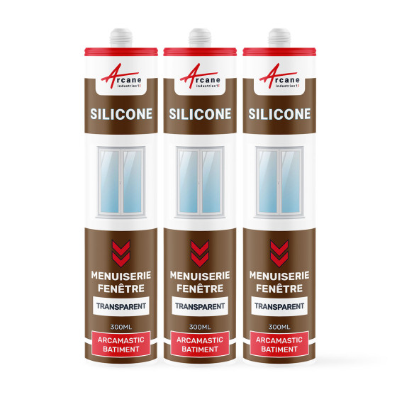Mastic Silicone pour fenêtres et menuiseries : ARCAMASTIC BATIMENT - Transparent - 300 ml x 3
