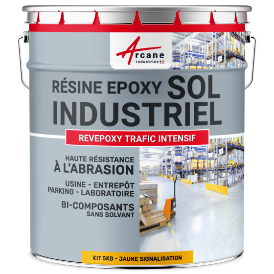 Peinture époxy jaune sol industriel et parking - REVEPOXY TRAFIC INTENSIF 5 Kg 10 m²  - Jaune Signalisation - RAL 1023 Peinture époxy jaune sol industriel et parking - REVEPOXY TRAFIC INTENSIF 5 Kg 10 m²  - Jaune Signalisation - RAL 1023
