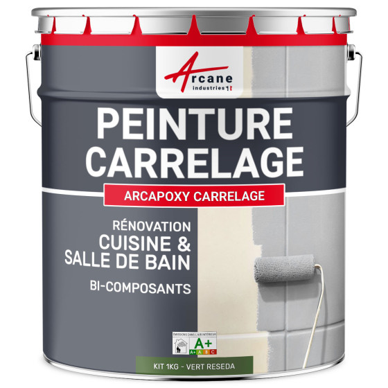 PEINTURE CARRELAGE CUISINE ET SALLE DE BAIN  - RÉSINE CARRELAGE-Kit1Kg-Ral-6011-Vert-Reseda-Aspect / Couleur