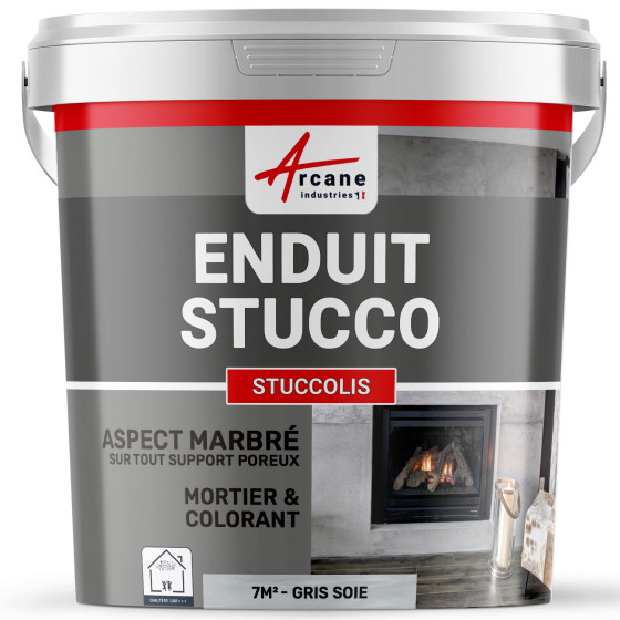 Peinture stucco, enduit STUCCOLIS avec mortier et colorant-kit7m2-Gris-soie-Aspect / Couleur