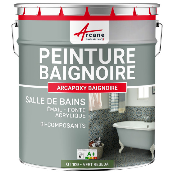 PEINTURE BAIGNOIRE - Résine rénovation baignoire lavabo émail salle de bain-Kit1Kg-Ral-6011-Vert-Reseda-Aspect / Couleur